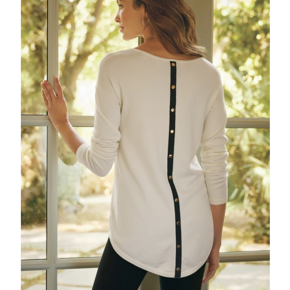 Soft Surroundings White Sweater with Black Accents